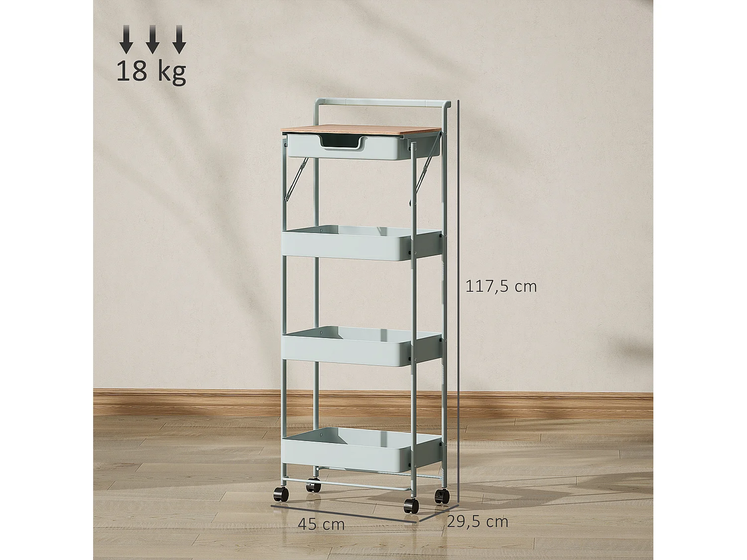 Desserte chariot de rangement 3 paniers tiroir plateau - 4 roulettes, poignée - métal vert d'eau effet bois clair