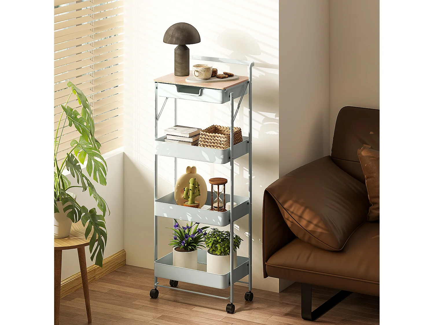 Desserte chariot de rangement 3 paniers tiroir plateau - 4 roulettes, poignée - métal vert d'eau effet bois clair