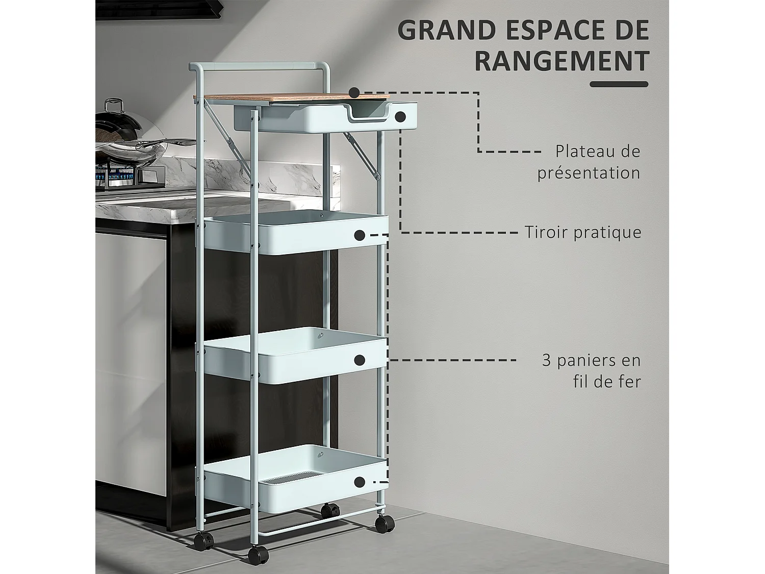Desserte chariot de rangement 3 paniers tiroir plateau - 4 roulettes, poignée - métal vert d'eau effet bois clair