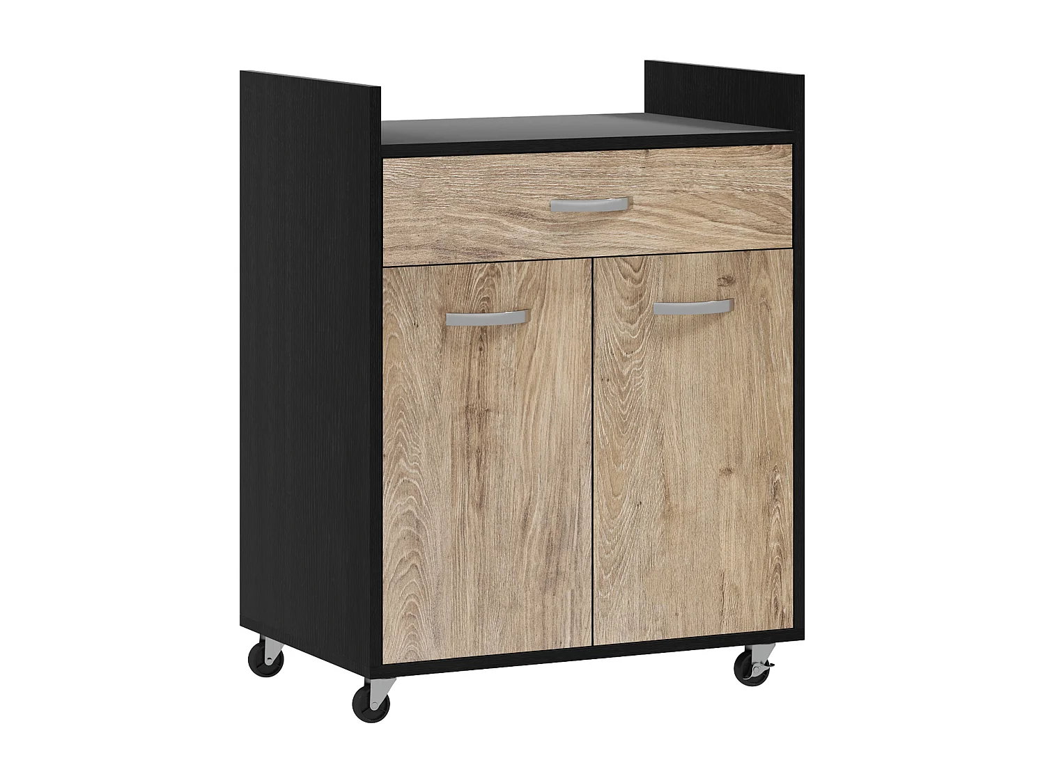 Chariot de service desserte de cuisine à roulettes tiroir placard 2 portes étagère noir aspect chêne clair