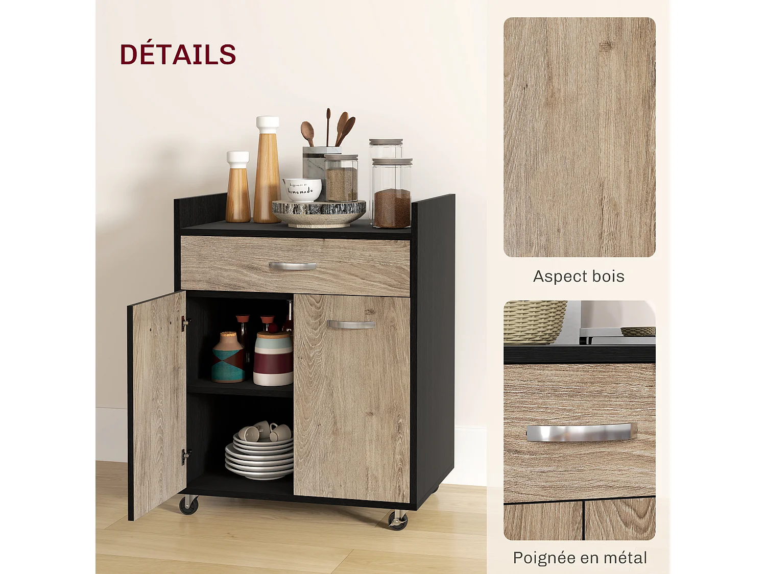 Chariot de service desserte de cuisine à roulettes tiroir placard 2 portes étagère noir aspect chêne clair
