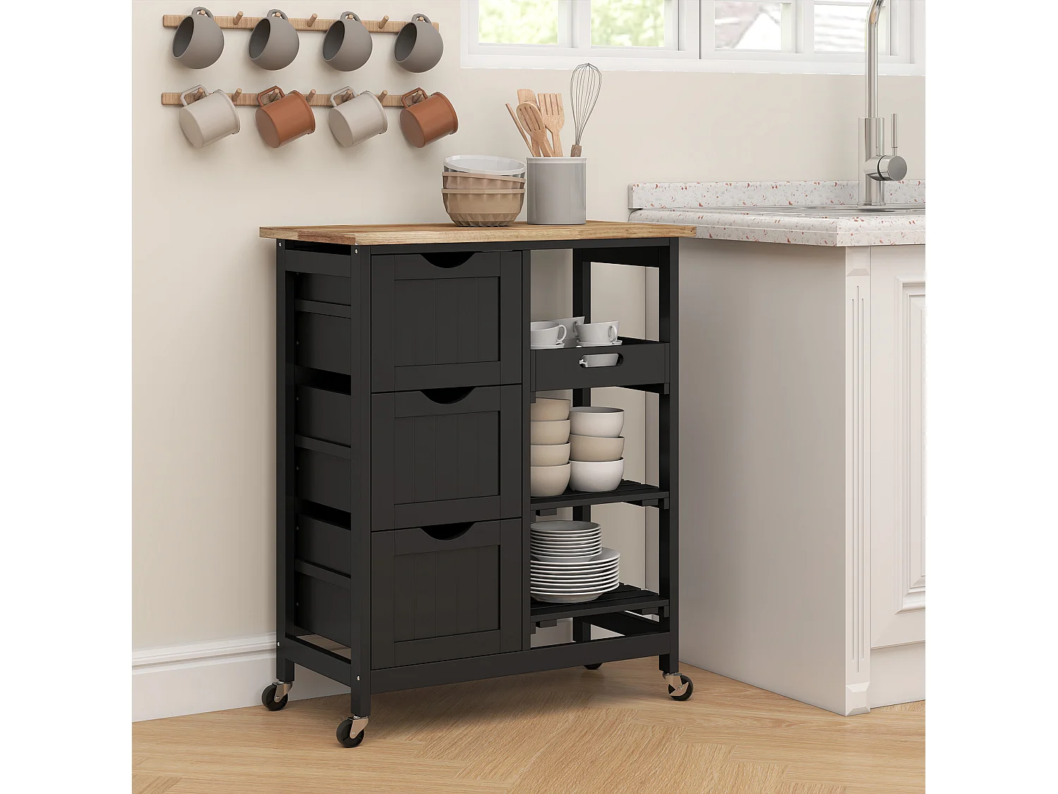 Desserte de cuisine multi-rangement - 3 tiroirs, 2 étagères, plateau amovible - bois hévéa MDF noir