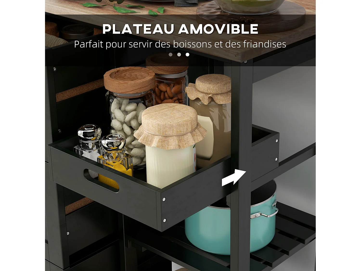 Desserte de cuisine multi-rangement - 3 tiroirs, 2 étagères, plateau amovible - bois hévéa MDF noir