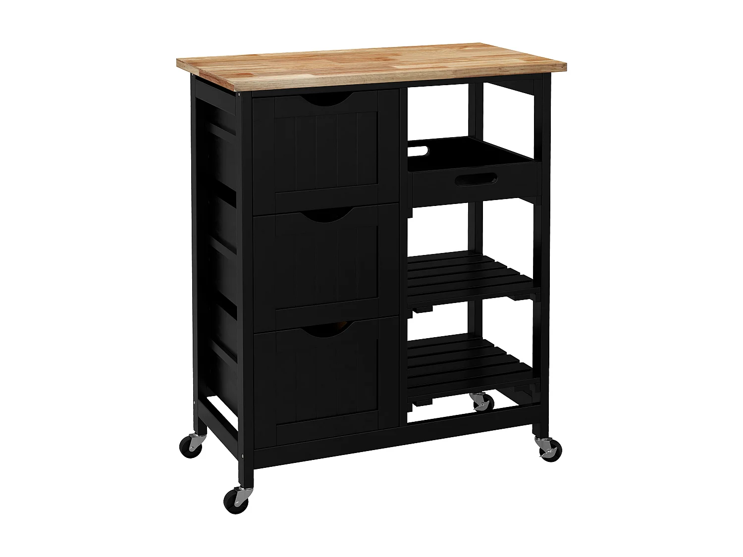 Desserte de cuisine multi-rangement - 3 tiroirs, 2 étagères, plateau amovible - bois hévéa MDF noir