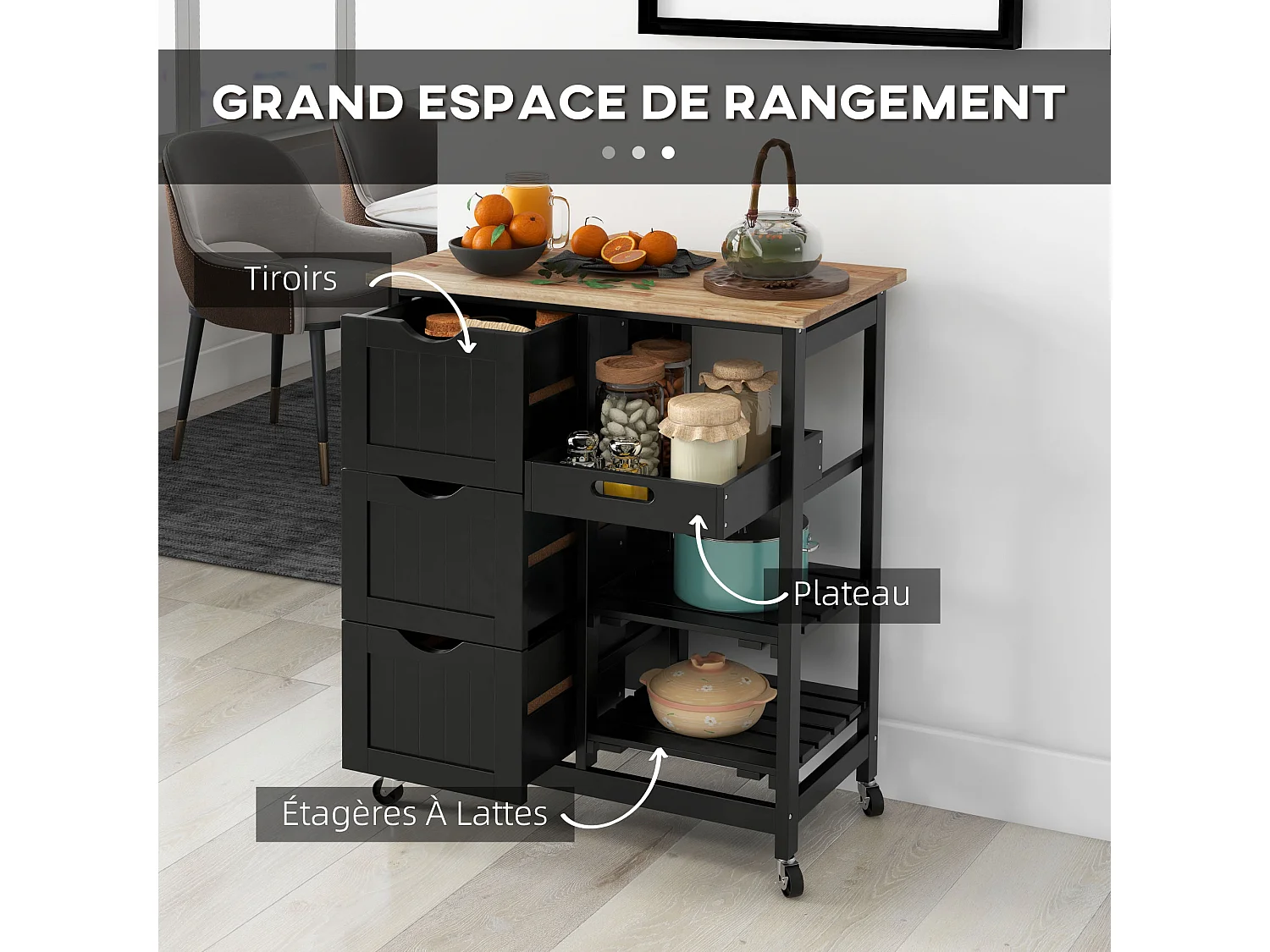 Desserte de cuisine multi-rangement - 3 tiroirs, 2 étagères, plateau amovible - bois hévéa MDF noir