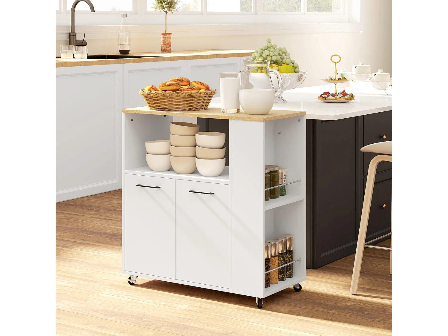 Desserte de cuisine multi-rangement 2 portes, étagère, niche, plateau, 2 porte-épices blanc aspect chêne clair