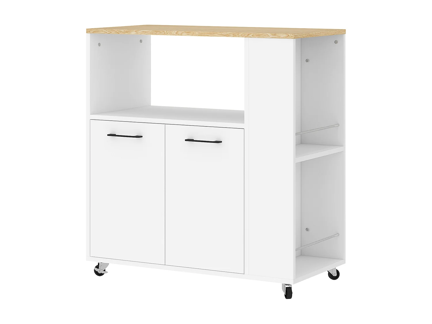 Desserte de cuisine multi-rangement 2 portes, étagère, niche, plateau, 2 porte-épices blanc aspect chêne clair