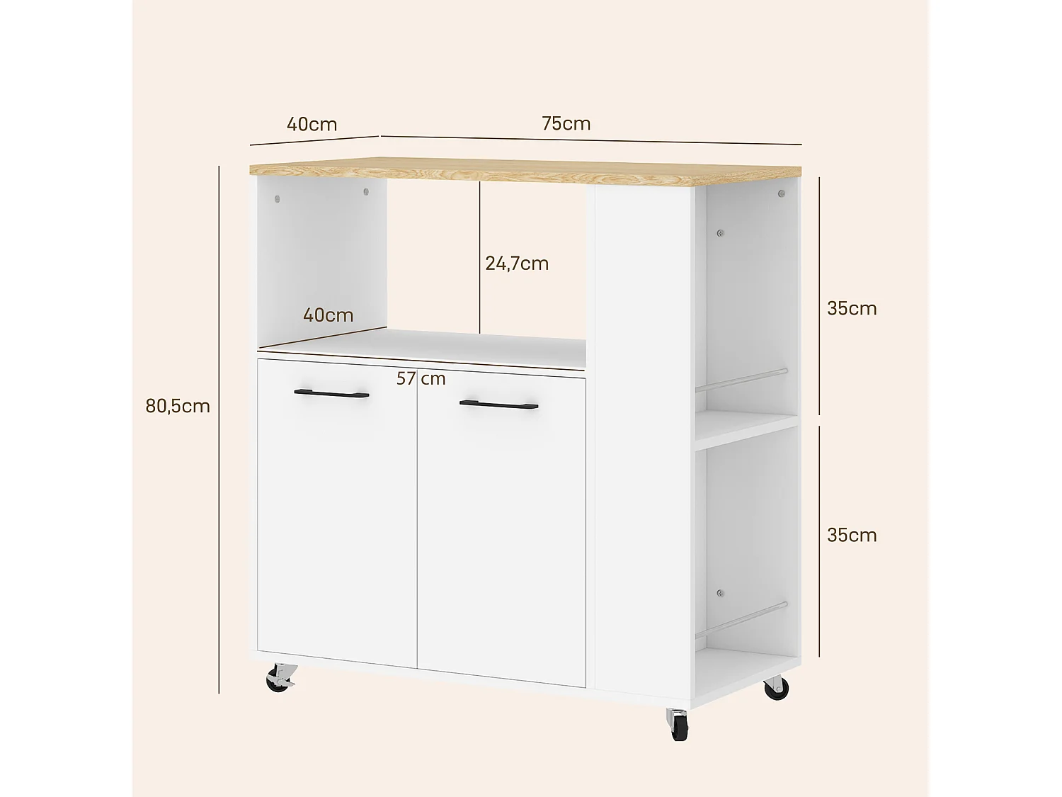 Desserte de cuisine multi-rangement 2 portes, étagère, niche, plateau, 2 porte-épices blanc aspect chêne clair