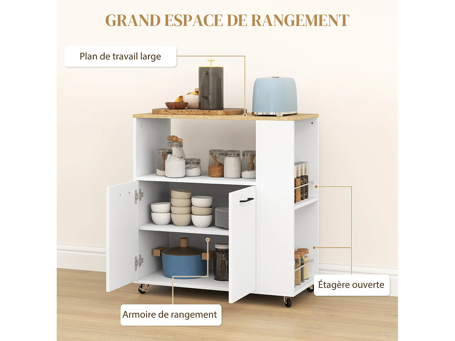 Desserte de cuisine multi-rangement 2 portes, étagère, niche, plateau, 2 porte-épices blanc aspect chêne clair