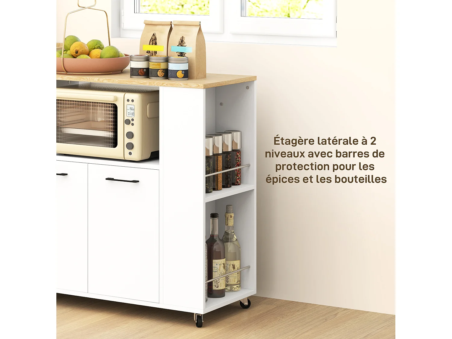Desserte de cuisine multi-rangement 2 portes, étagère, niche, plateau, 2 porte-épices blanc aspect chêne clair