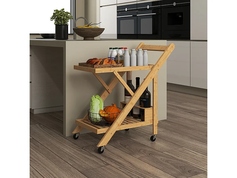 Desserte de cuisine pliable en bambou 2 plateaux, 4 roues, 3 casiers à vin