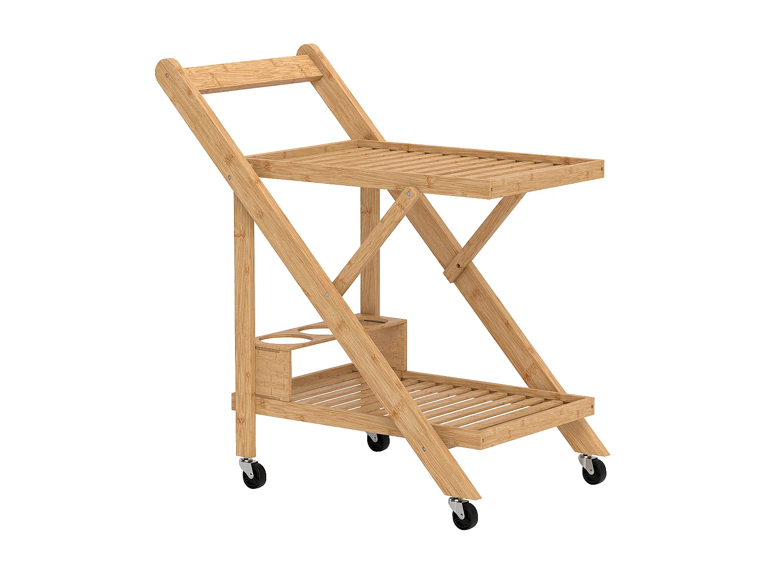 Desserte de cuisine pliable en bambou 2 plateaux, 4 roues, 3 casiers à vin