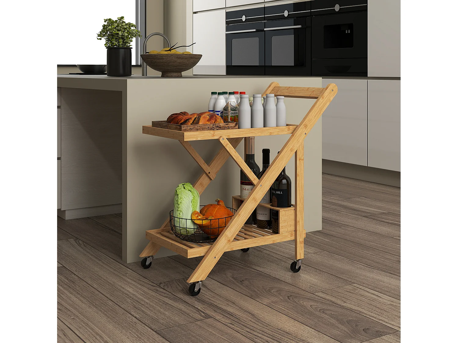Desserte de cuisine pliable en bambou 2 plateaux, 4 roues, 3 casiers à vin