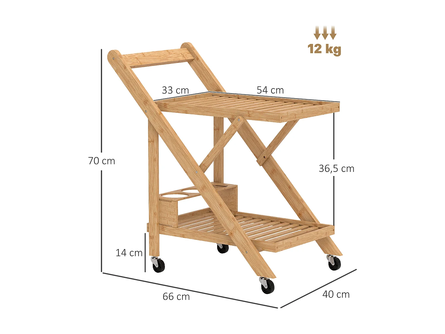 Desserte de cuisine pliable en bambou 2 plateaux, 4 roues, 3 casiers à vin