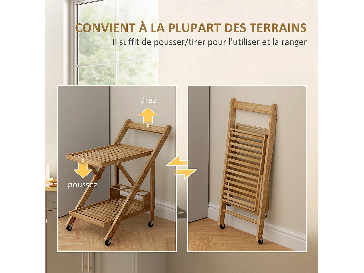 Desserte de cuisine pliable en bambou 2 plateaux, 4 roues, 3 casiers à vin
