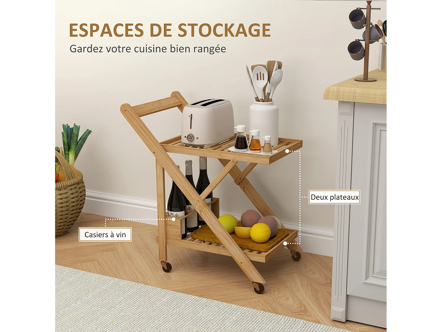 Desserte de cuisine pliable en bambou 2 plateaux, 4 roues, 3 casiers à vin