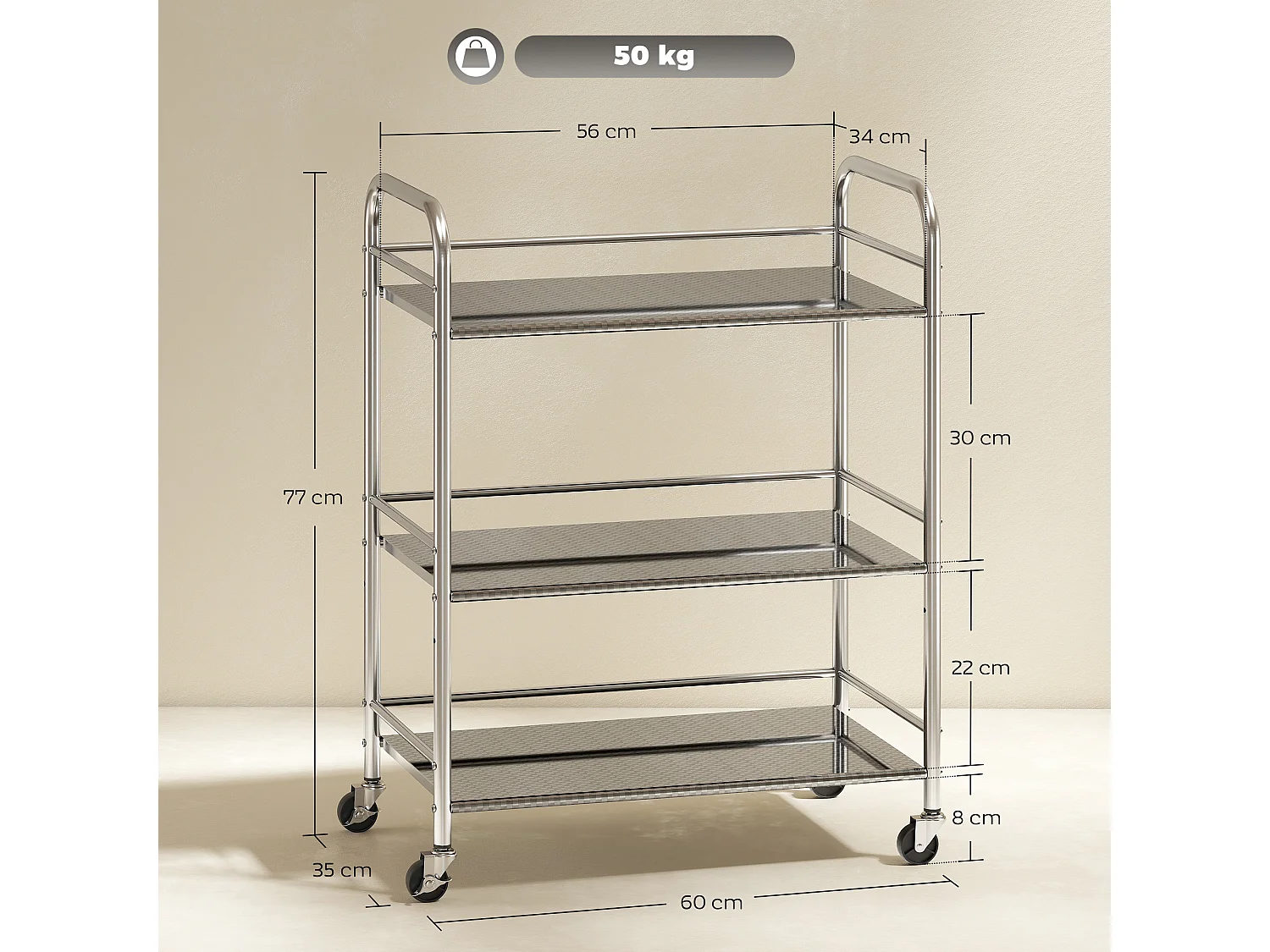 Desserte cuisine acier inox chariot de service 3 niveaux 4 roues 2 freins dim. 60 x 35 x 77 cm
