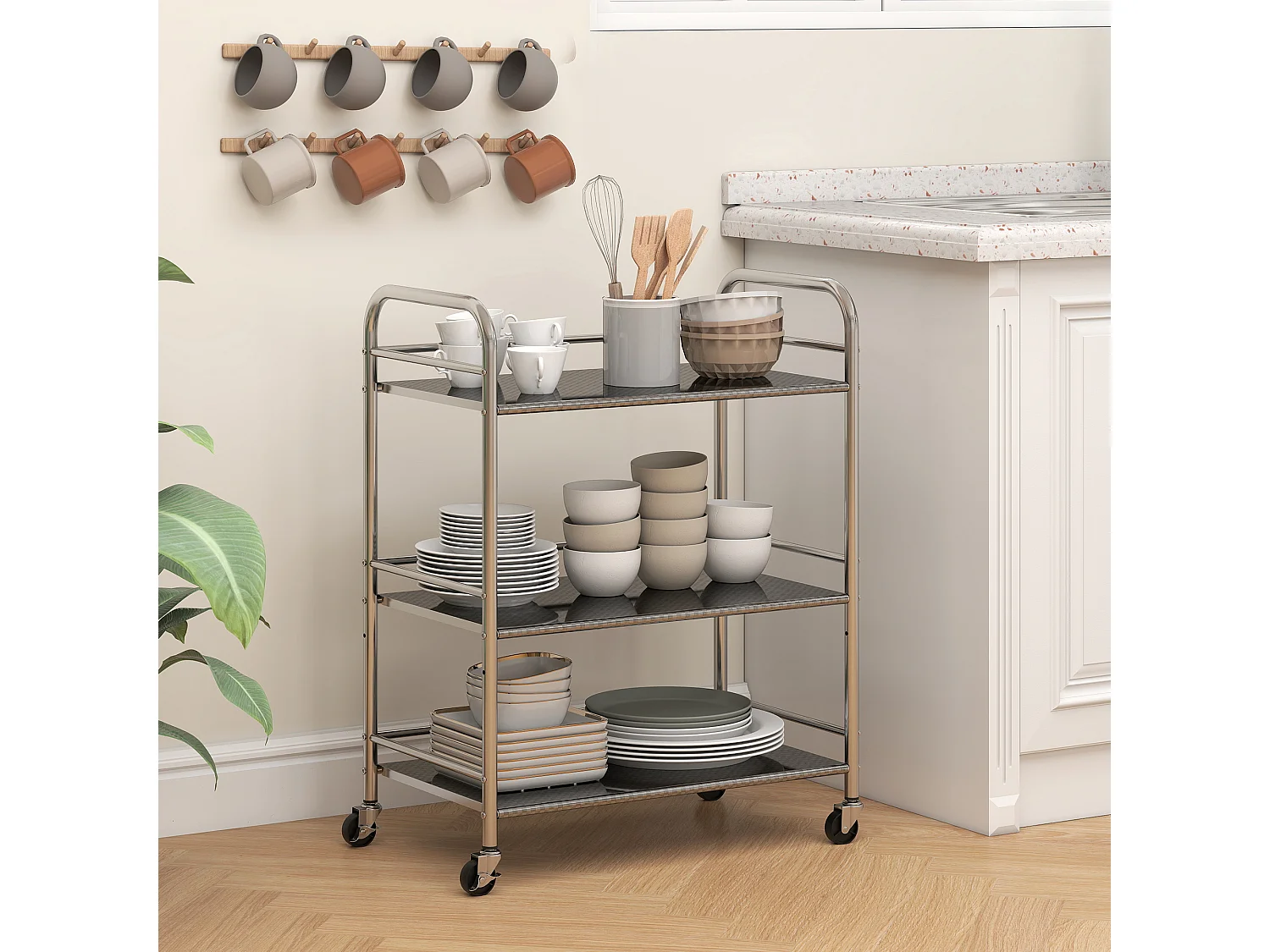 Desserte cuisine acier inox chariot de service 3 niveaux 4 roues 2 freins dim. 60 x 35 x 77 cm