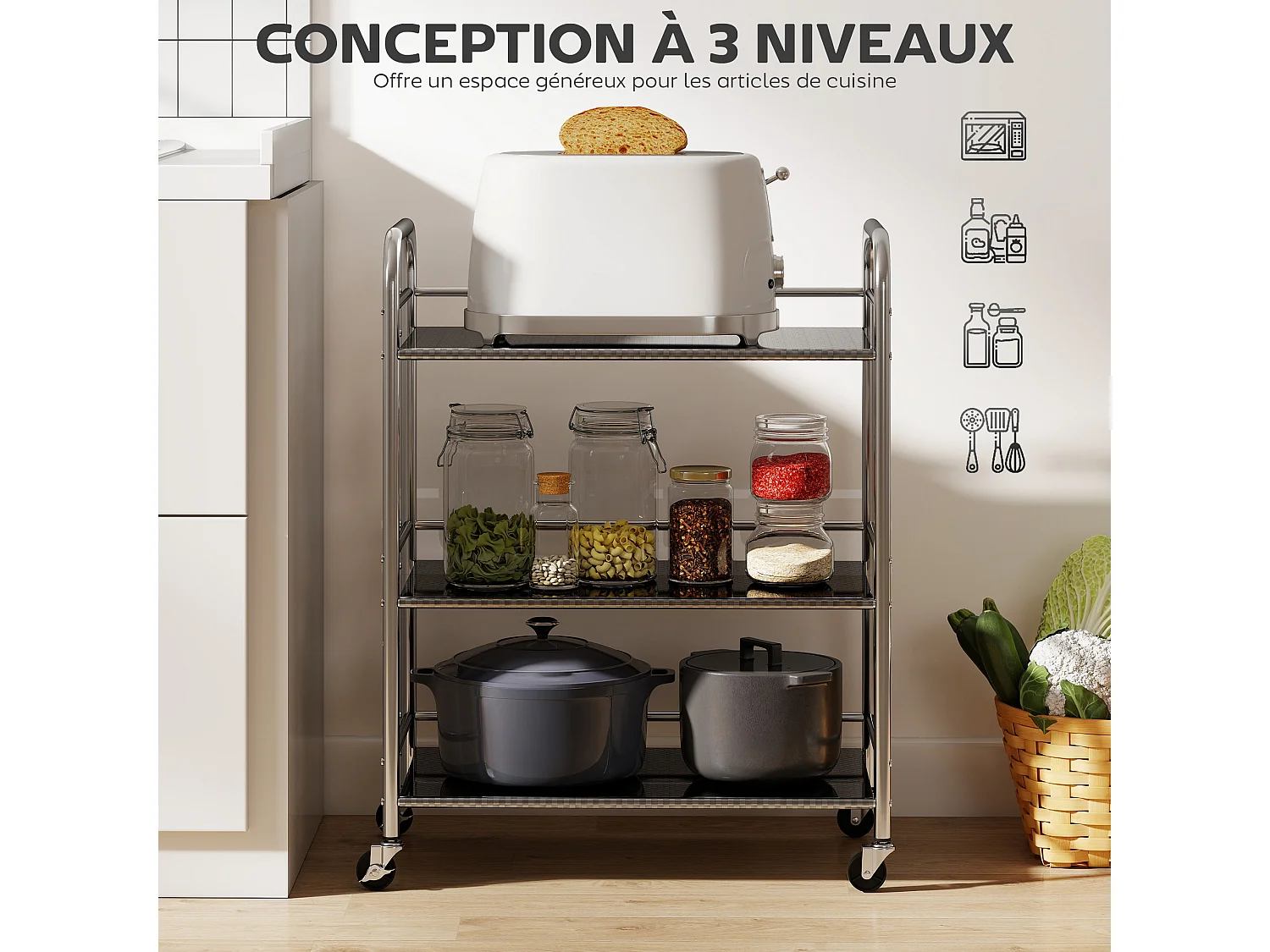 Desserte cuisine acier inox chariot de service 3 niveaux 4 roues 2 freins dim. 60 x 35 x 77 cm