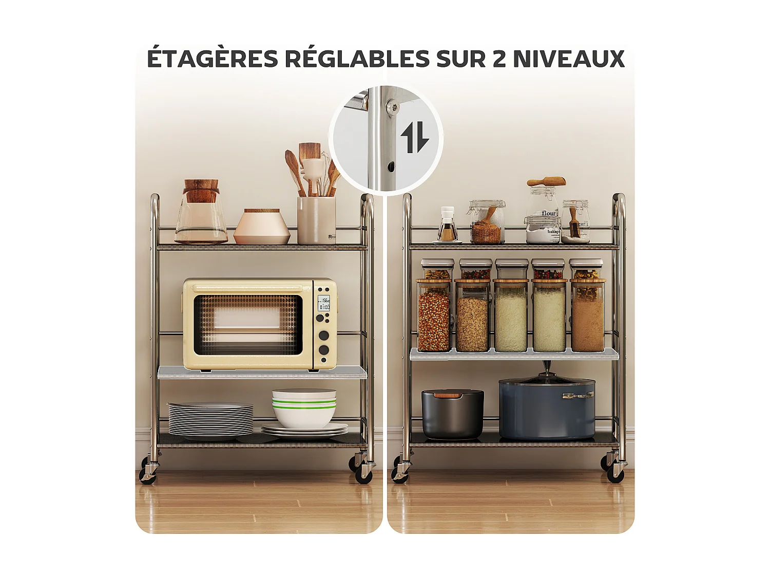 Desserte cuisine acier inox chariot de service 3 niveaux 4 roues 2 freins dim. 60 x 35 x 77 cm