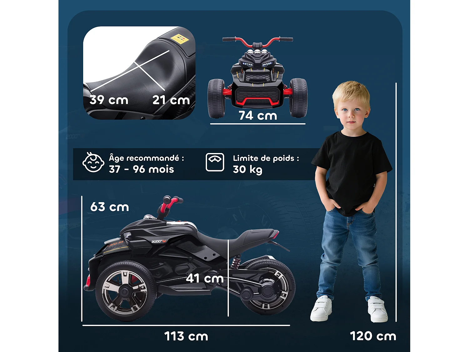 Moto électrique enfant trike side-car 12V 5Km/h max. effets sonores lumineux noir