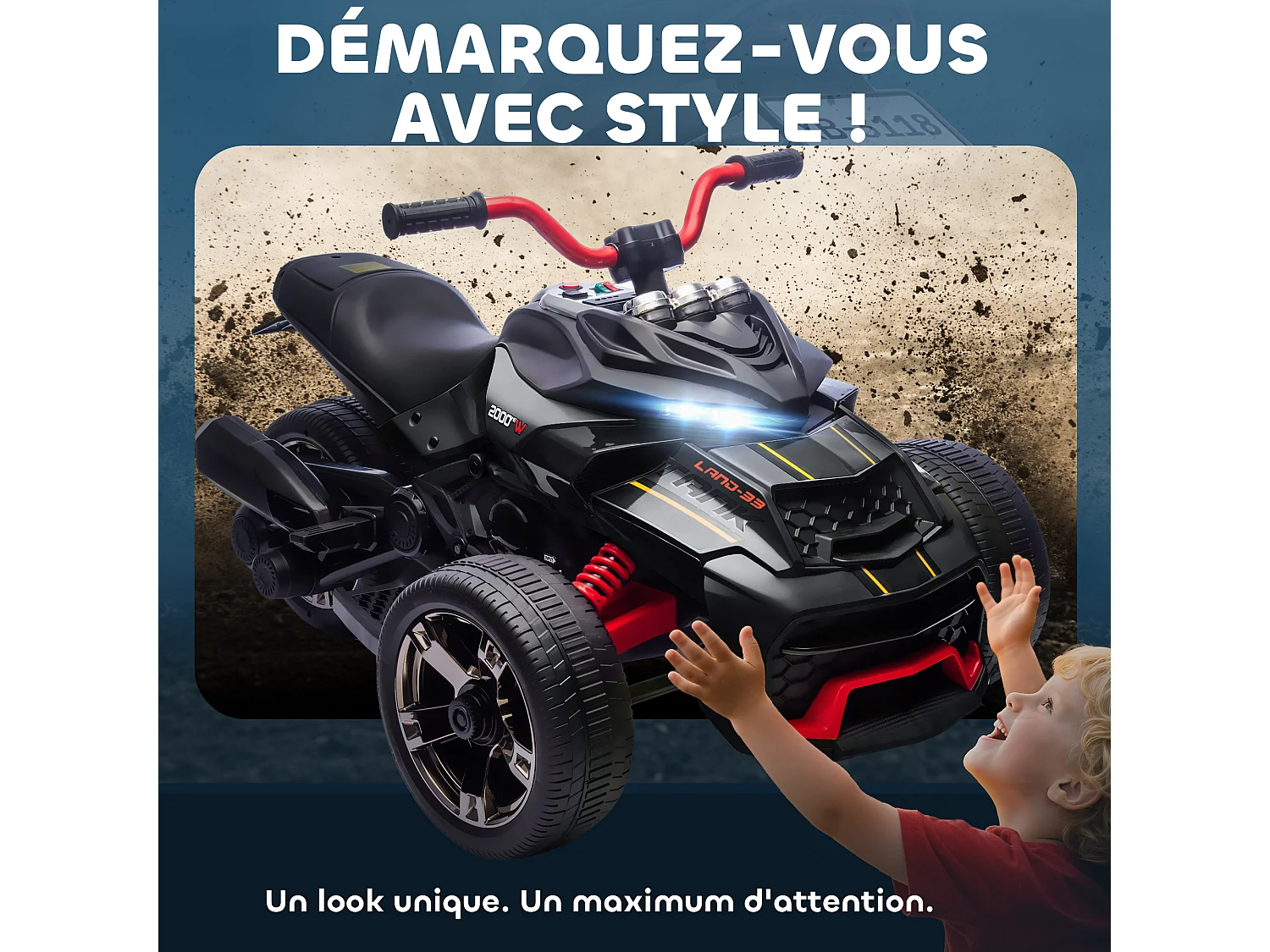 Moto électrique enfant trike side-car 12V 5Km/h max. effets sonores lumineux noir