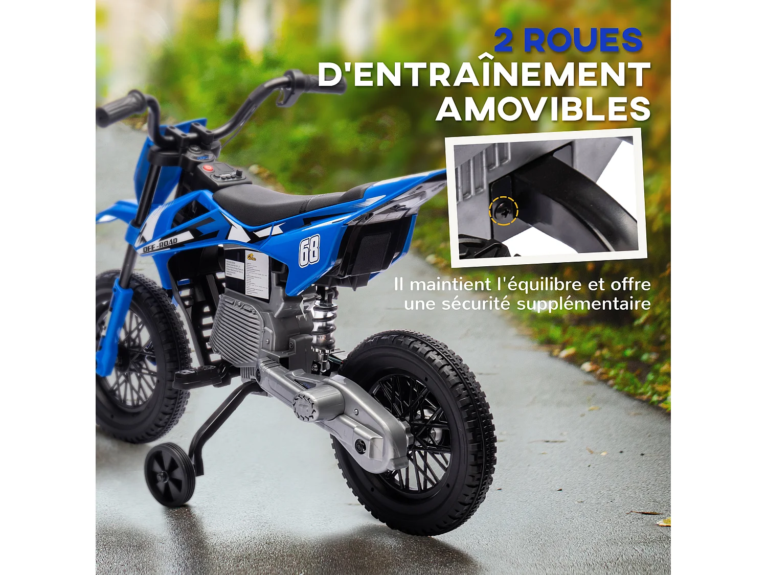 Moto cross électrique dirt bike enfant 12V 2 moteurs 2 vitesses 2,4-5 Km/h musiques bleu