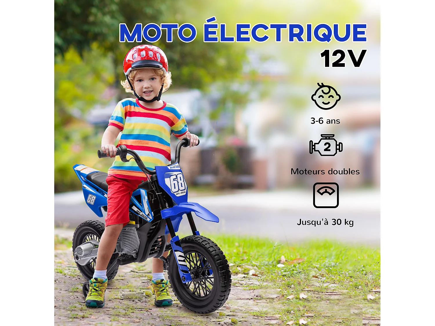 Moto cross électrique dirt bike enfant 12V 2 moteurs 2 vitesses 2,4-5 Km/h musiques bleu