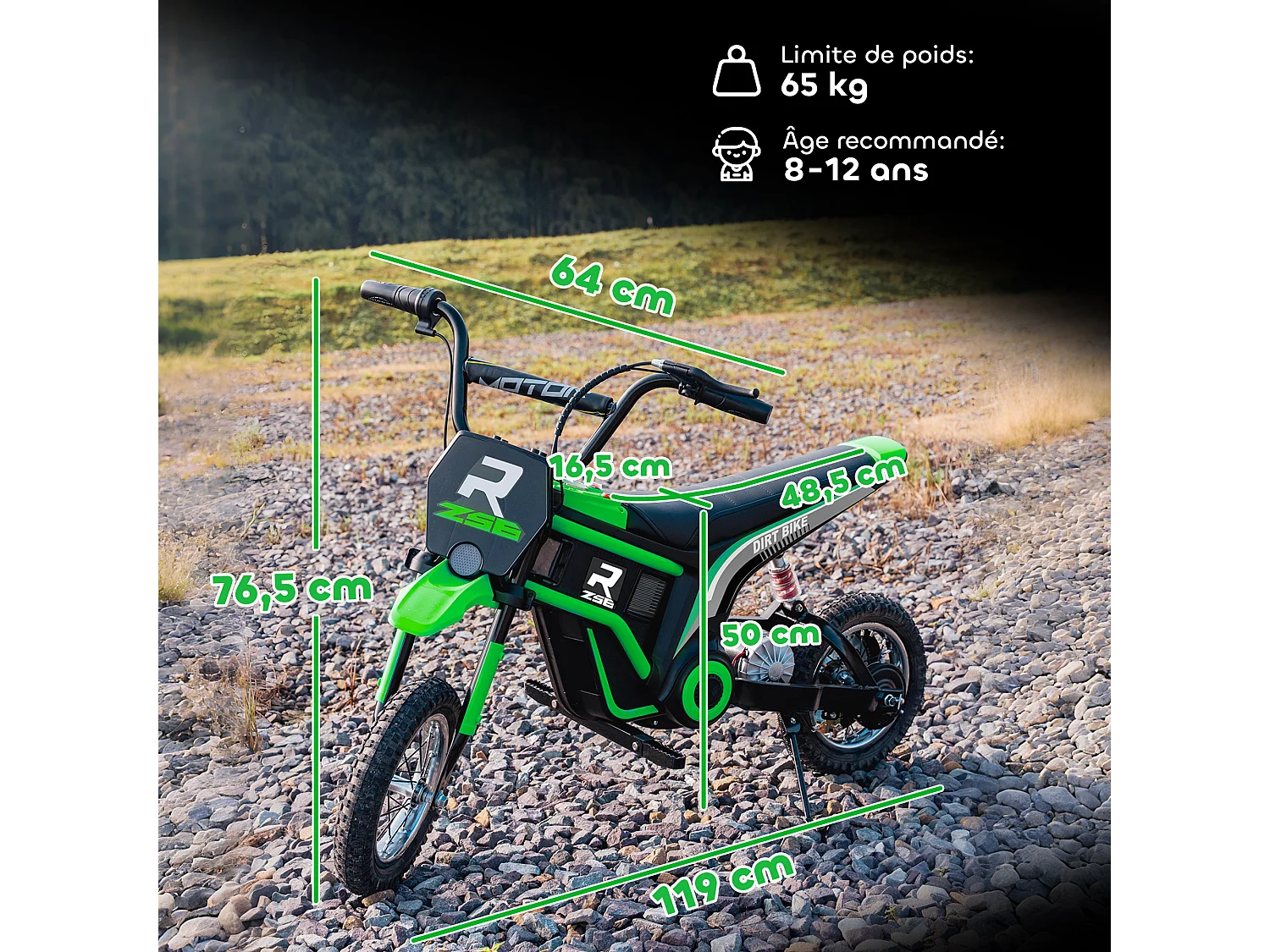 Moto cross électrique dirt bike enfant 350W 12V 2 vitesses 8-16 Km/h vert noir