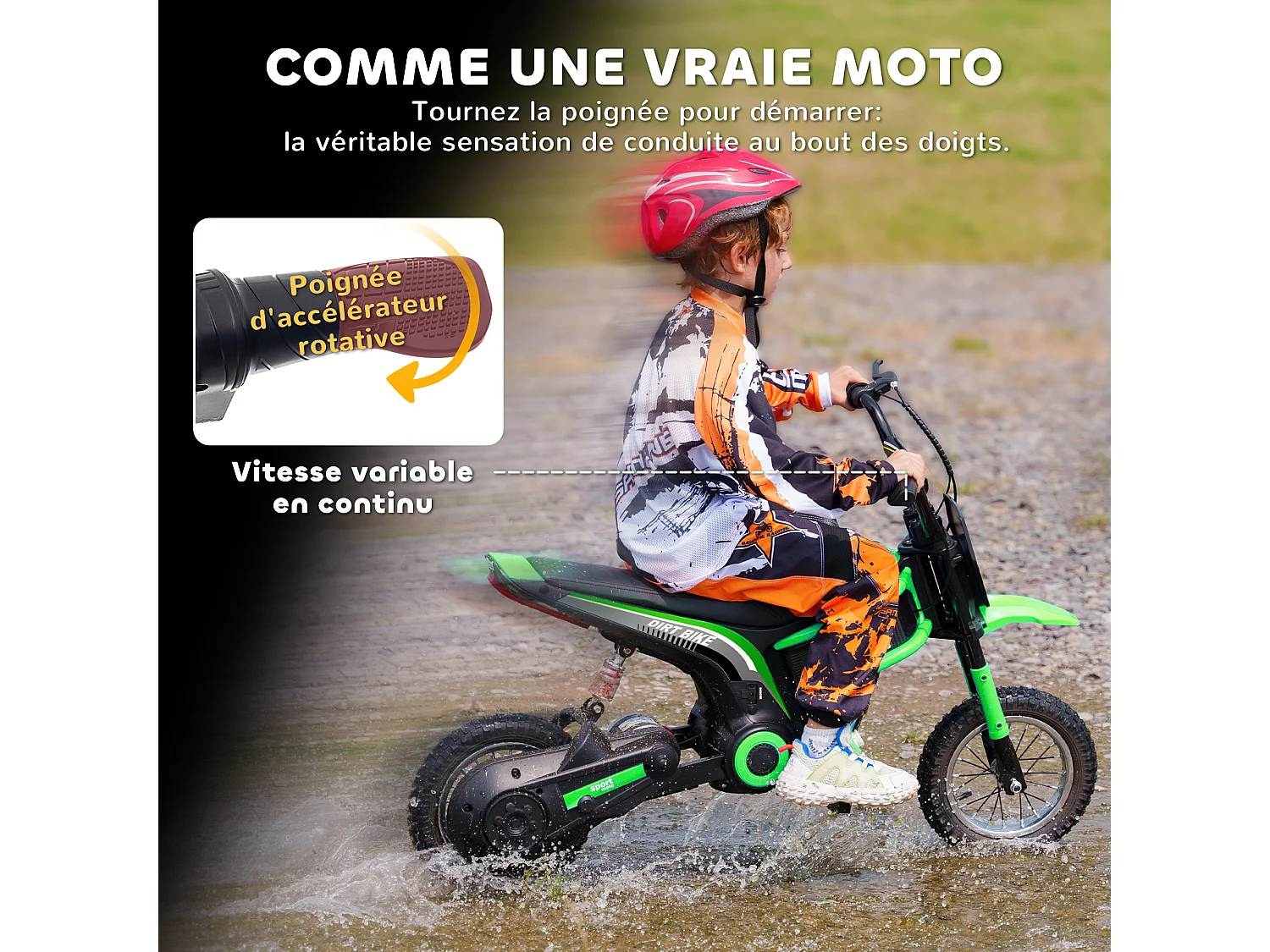 Moto cross électrique dirt bike enfant 350W 12V 2 vitesses 8-16 Km/h vert noir