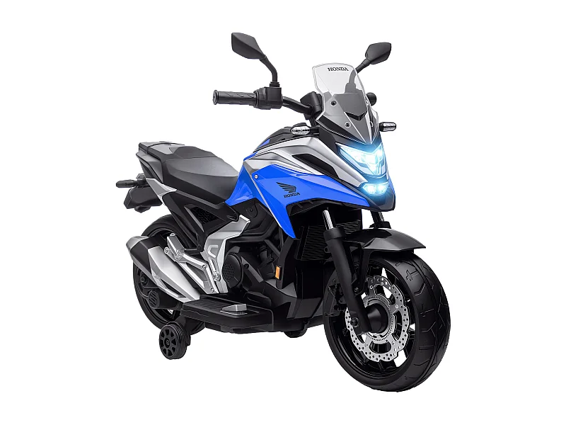 Moto électrique enfant Honda NC750x - musiques, feux AV LED, entrée USB MP3 jack - 2 roues support aux. - bleu