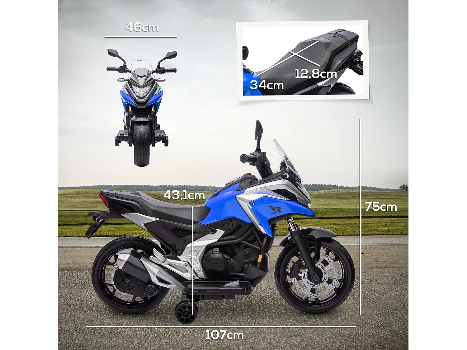 Moto électrique enfant Honda NC750x - musiques, feux AV LED, entrée USB MP3 jack - 2 roues support aux. - bleu