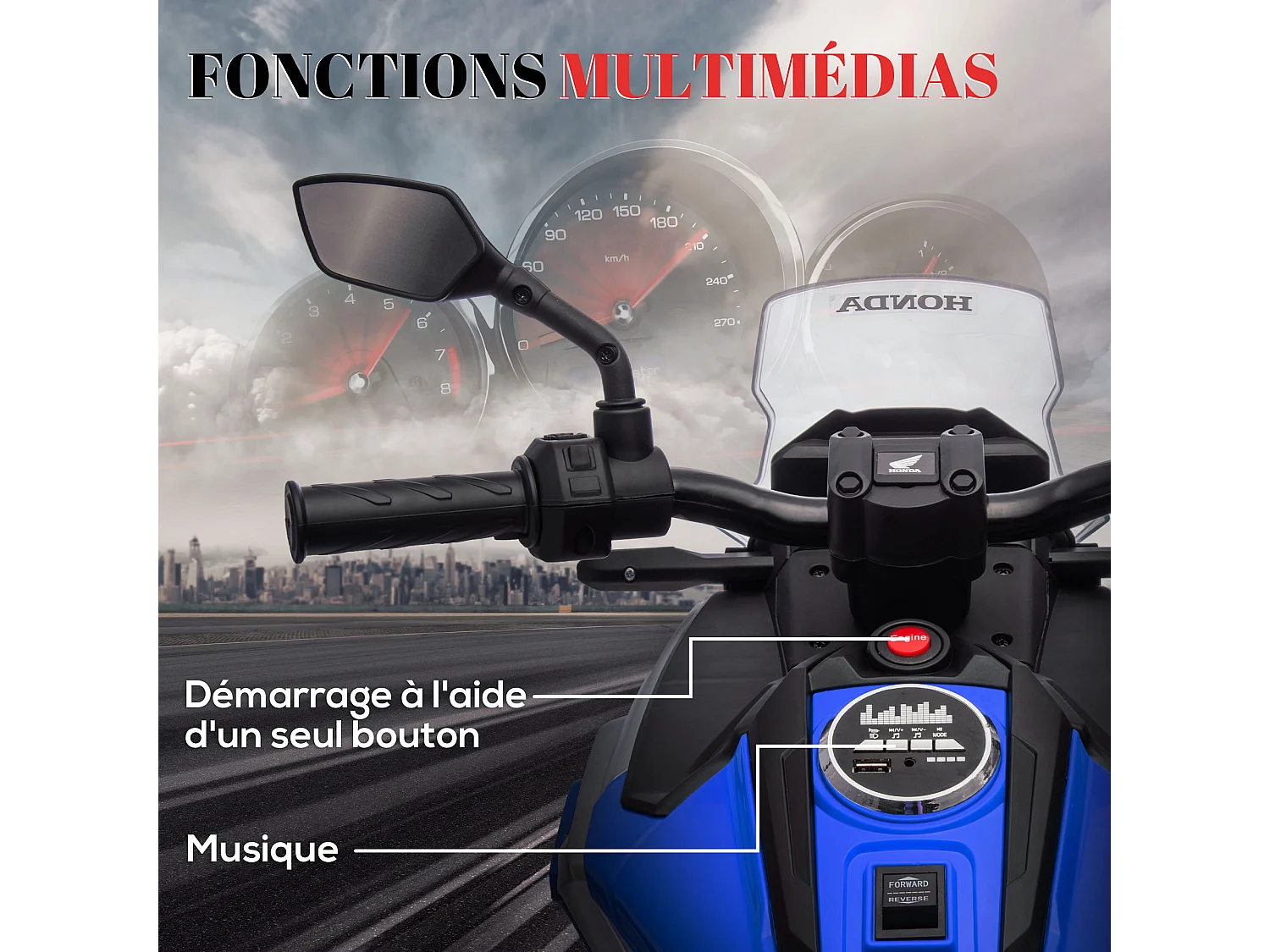 Moto électrique enfant Honda NC750x - musiques, feux AV LED, entrée USB MP3 jack - 2 roues support aux. - bleu