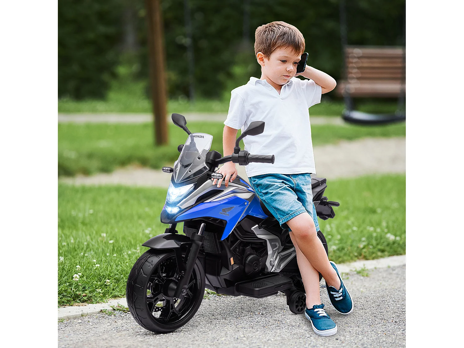 Moto électrique enfant Honda NC750x - musiques, feux AV LED, entrée USB MP3 jack - 2 roues support aux. - bleu