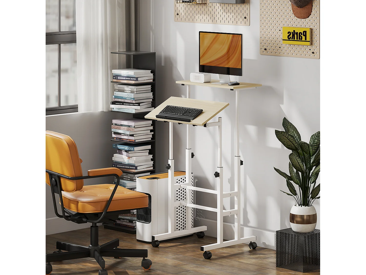 Bureau assis debout inclinable réglable H.70,5-120 cm mobile 2 plateaux métal blanc effet bois clair