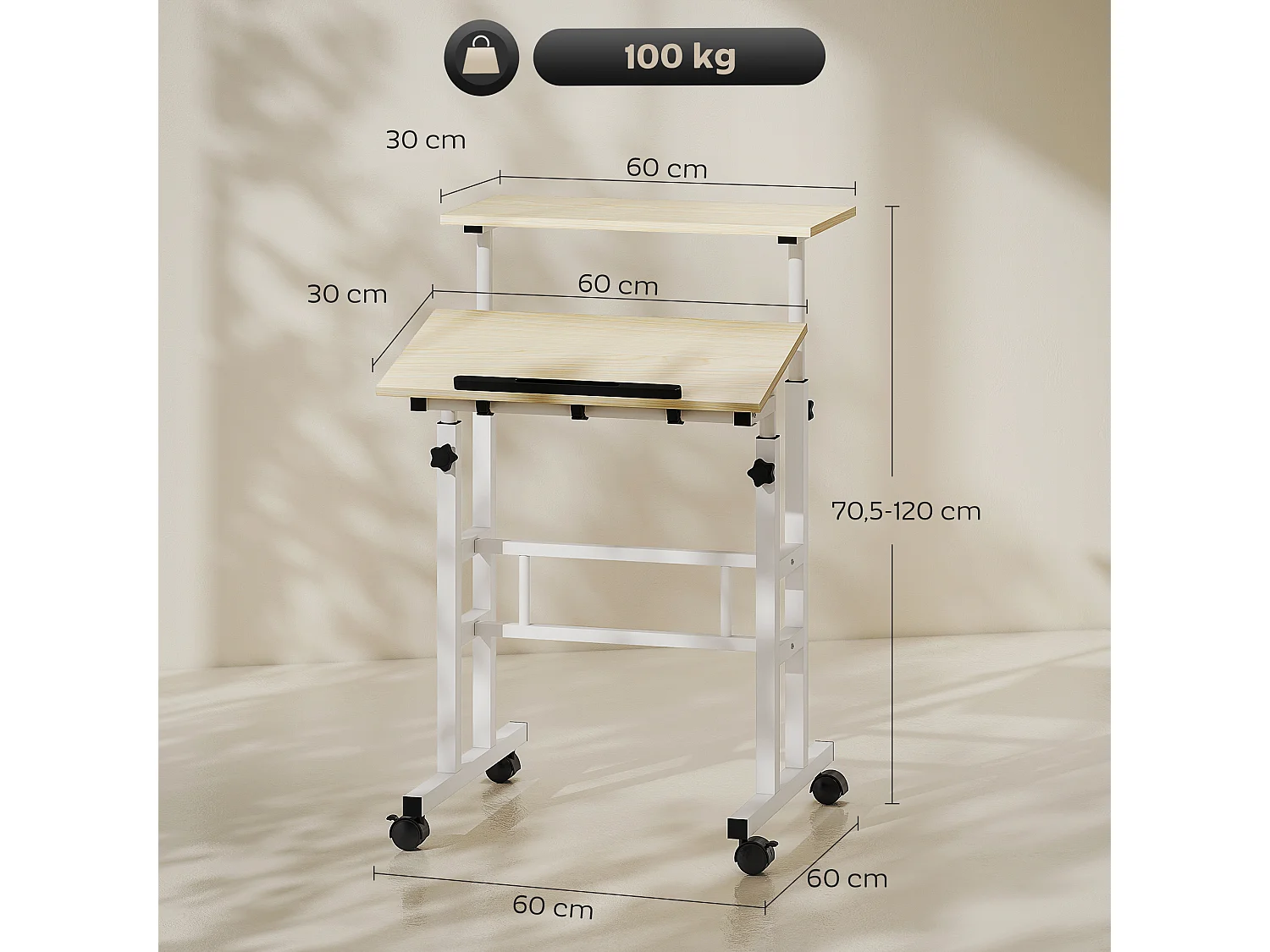 Bureau assis debout inclinable réglable H.70,5-120 cm mobile 2 plateaux métal blanc effet bois clair