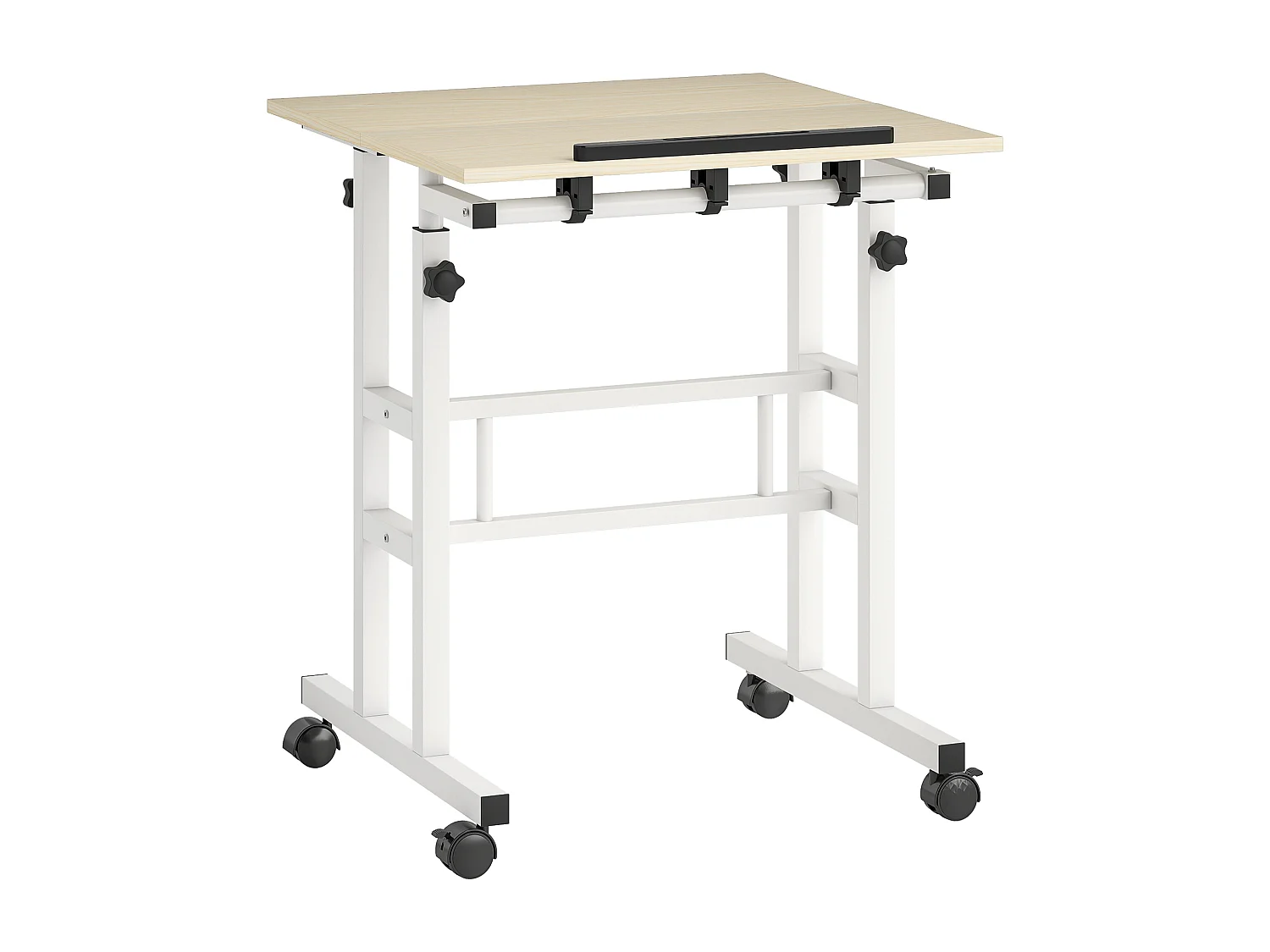 Bureau assis debout inclinable réglable H.70,5-120 cm mobile 2 plateaux métal blanc effet bois clair