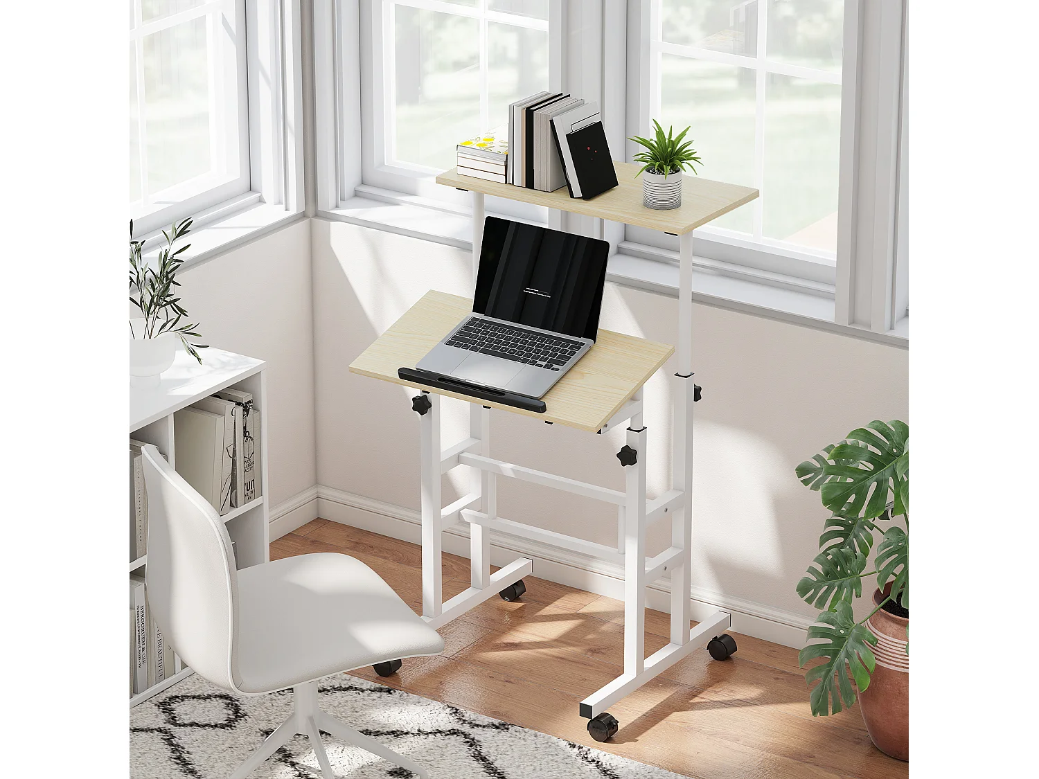 Bureau assis debout inclinable réglable H.70,5-120 cm mobile 2 plateaux métal blanc effet bois clair