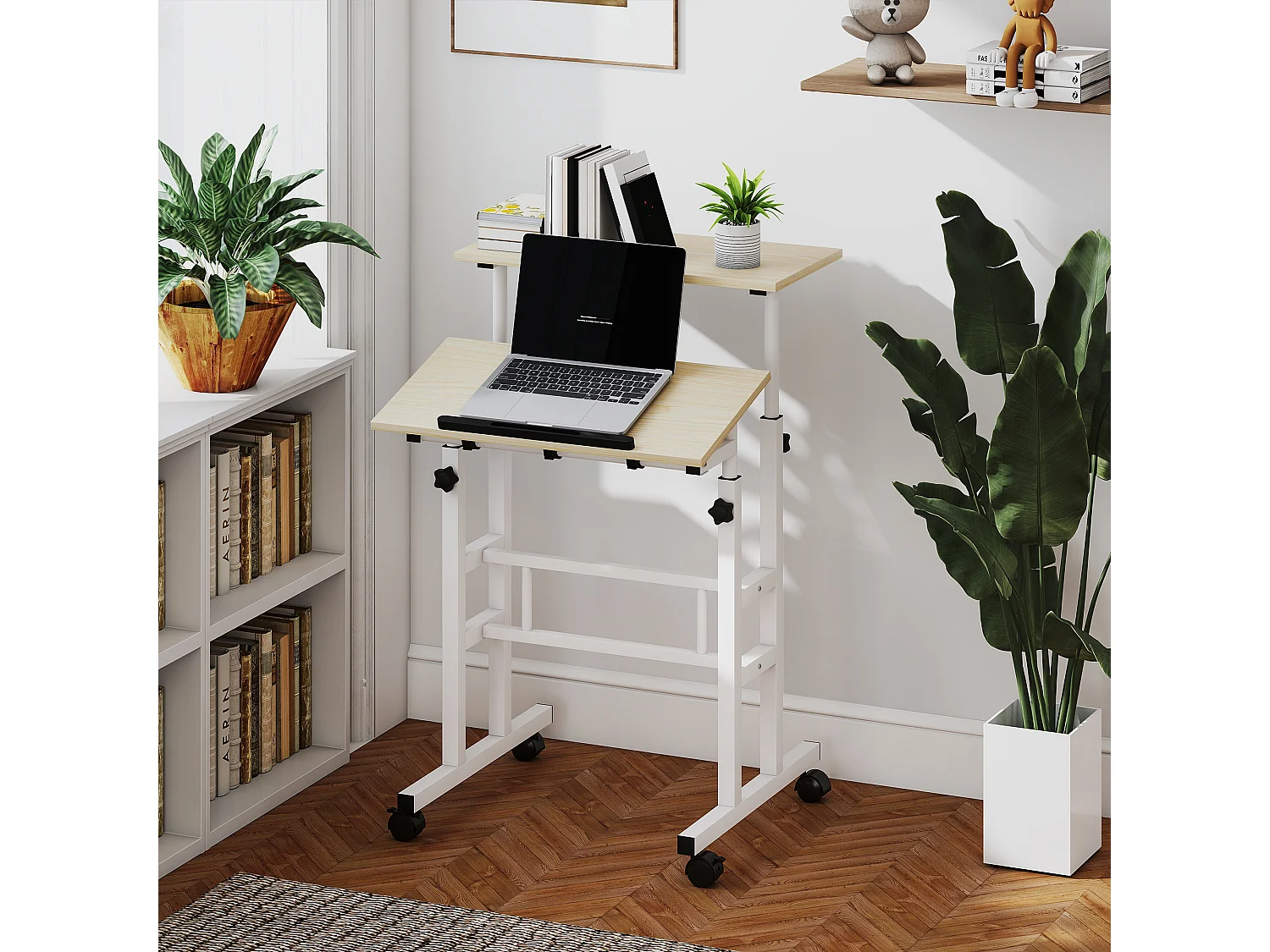 Bureau assis debout inclinable réglable H.70,5-120 cm mobile 2 plateaux métal blanc effet bois clair