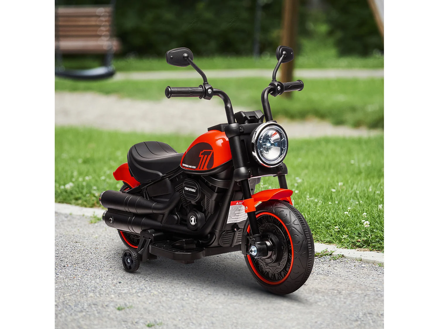 Moto électrique enfant 6 V 3 Km/h effet lumineux roulettes amovibles repose-pied pédale métal PP rouge noir