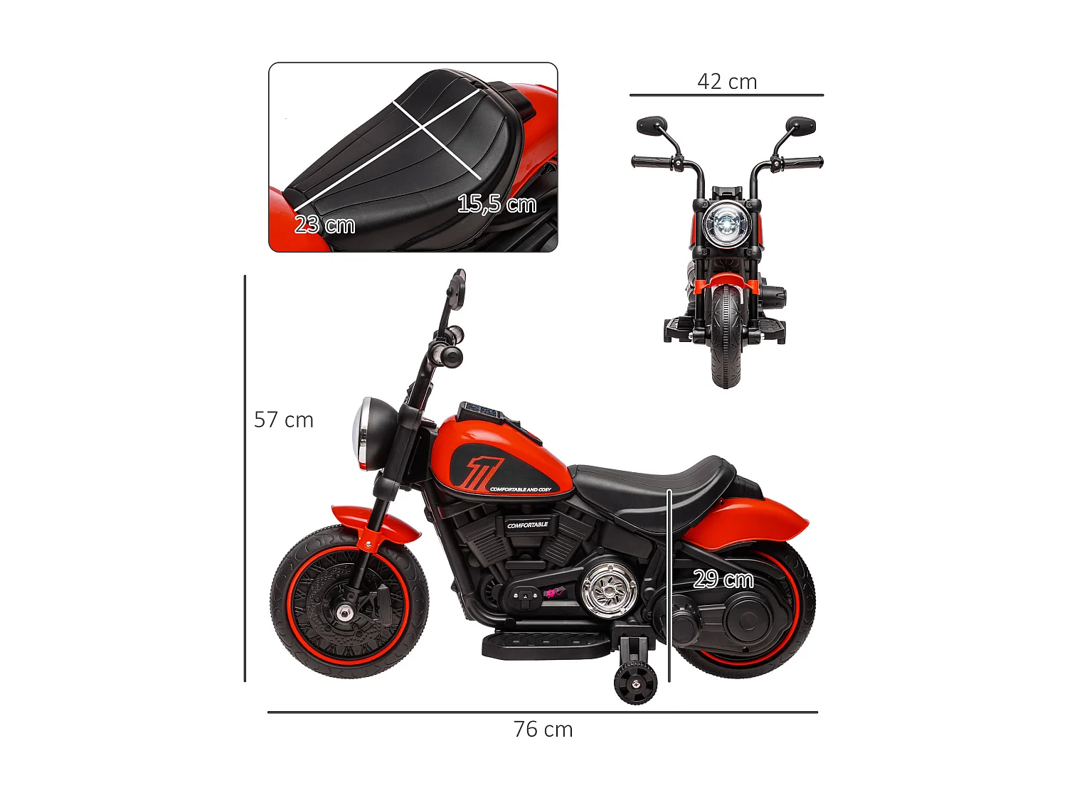 Moto électrique enfant 6 V 3 Km/h effet lumineux roulettes amovibles repose-pied pédale métal PP rouge noir