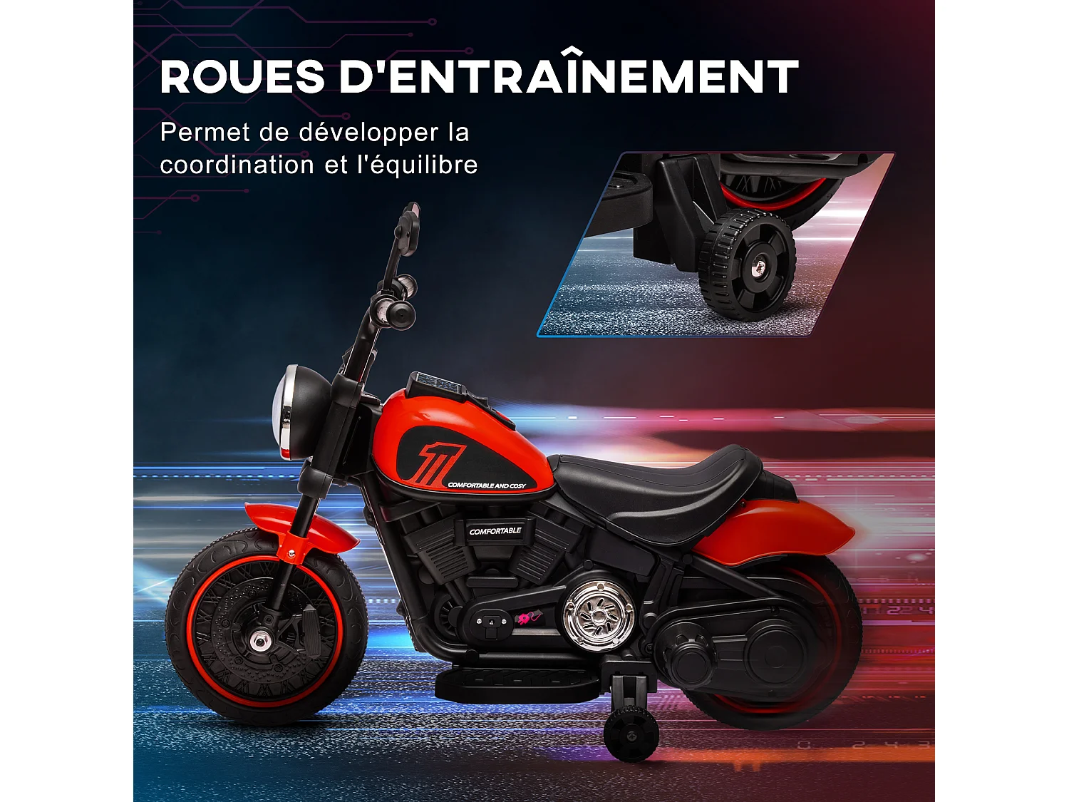 Moto électrique enfant 6 V 3 Km/h effet lumineux roulettes amovibles repose-pied pédale métal PP rouge noir