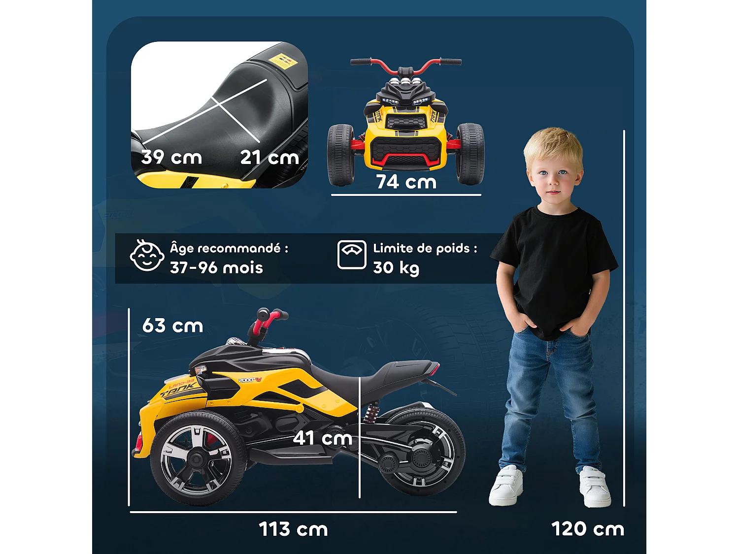 Moto électrique enfant trike side-car 12V 5Km/h max. effets sonores lumineux jaune