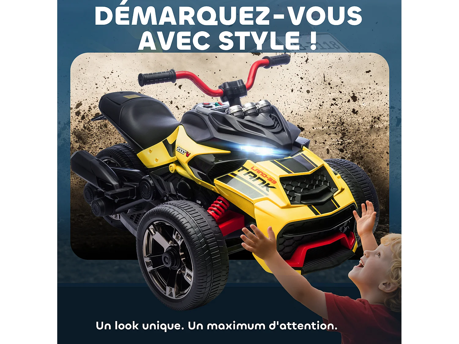 Moto électrique enfant trike side-car 12V 5Km/h max. effets sonores lumineux jaune