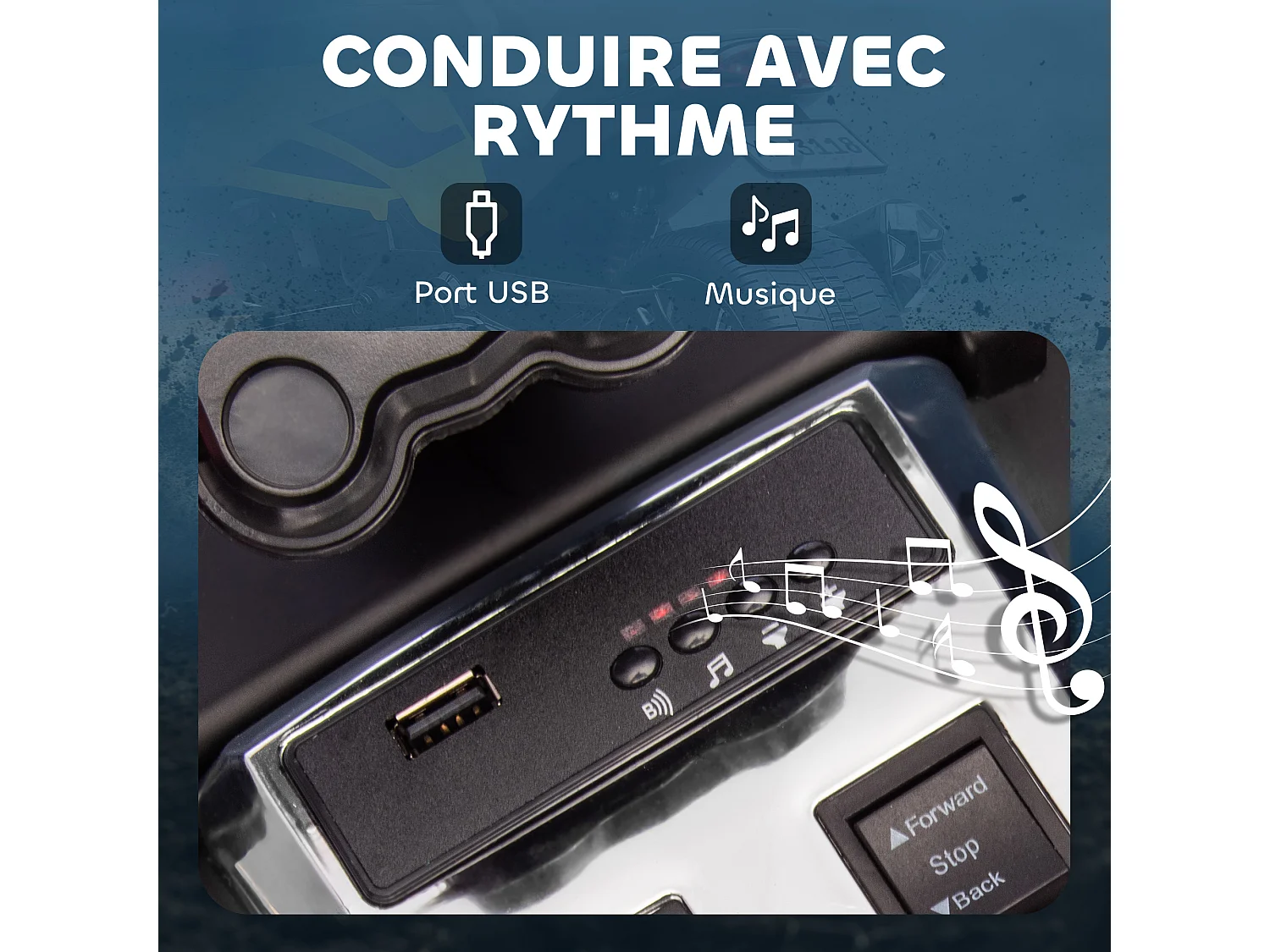 Moto électrique enfant trike side-car 12V 5Km/h max. effets sonores lumineux jaune