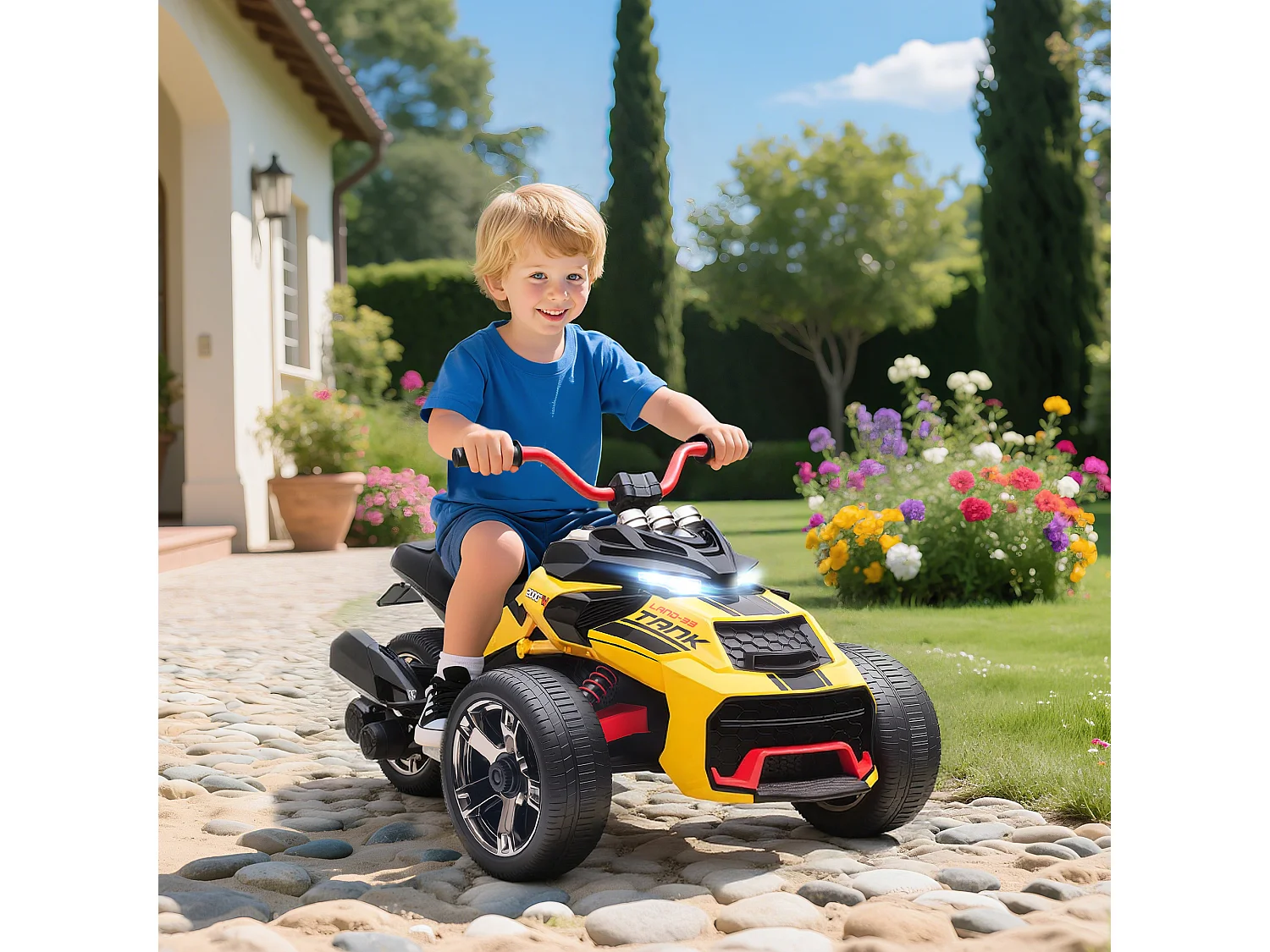 Moto électrique enfant trike side-car 12V 5Km/h max. effets sonores lumineux jaune