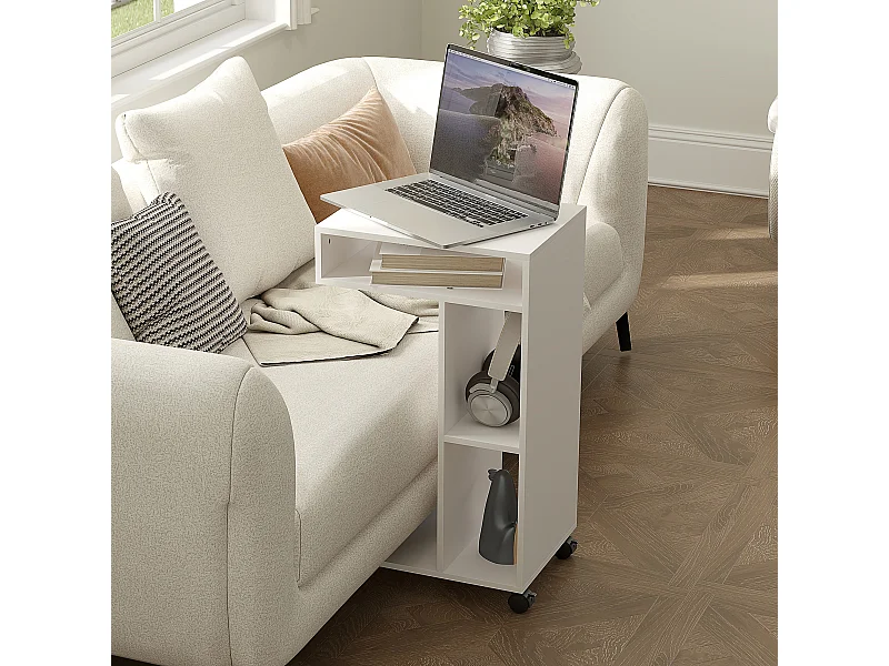 Table de lit mobile - table pour ordinateur portable - 3 niches, étagère - blanc