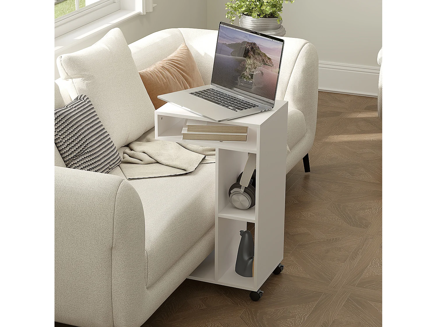 Table de lit mobile - table pour ordinateur portable - 3 niches, étagère - blanc