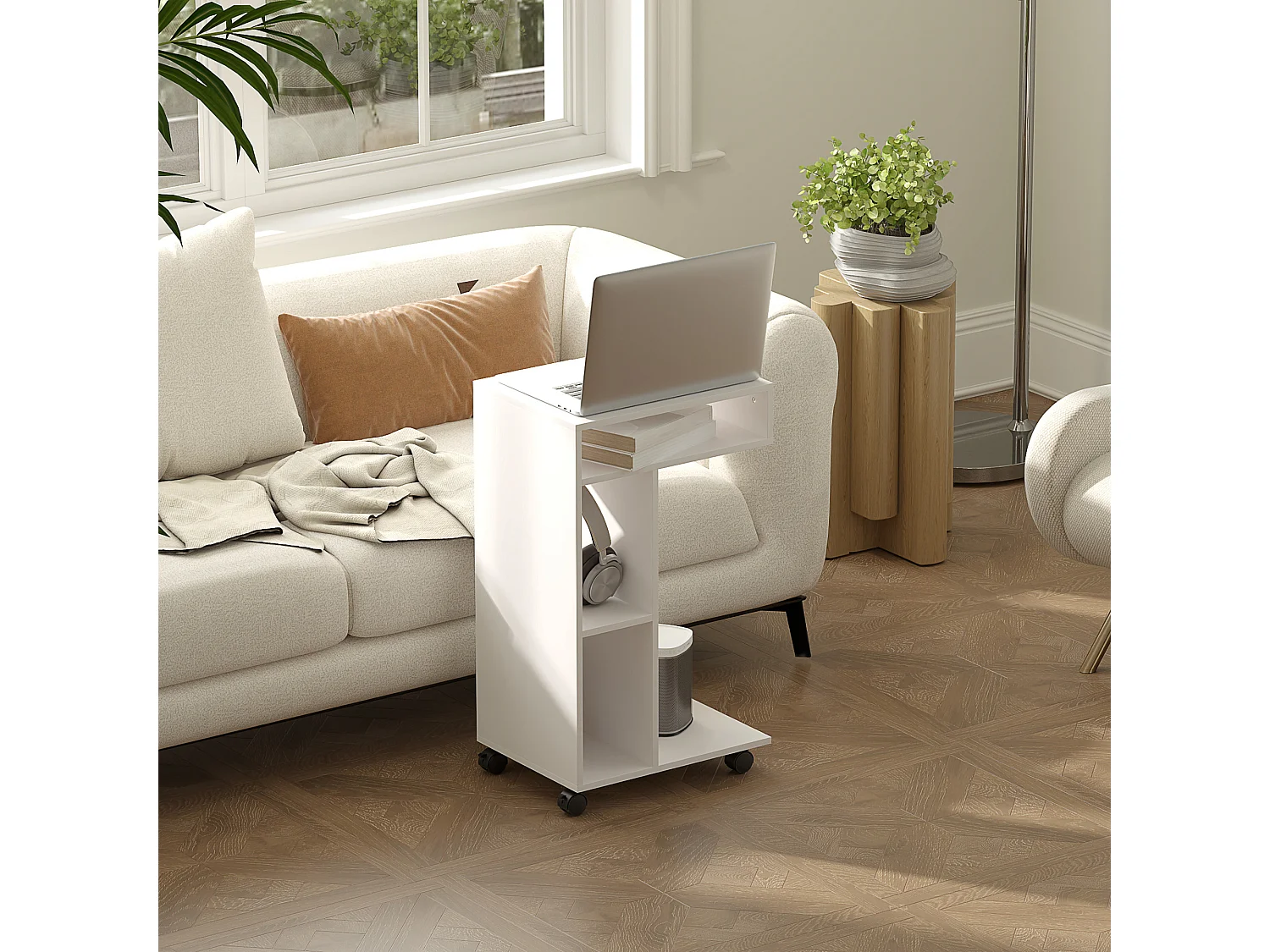 Table de lit mobile - table pour ordinateur portable - 3 niches, étagère - blanc