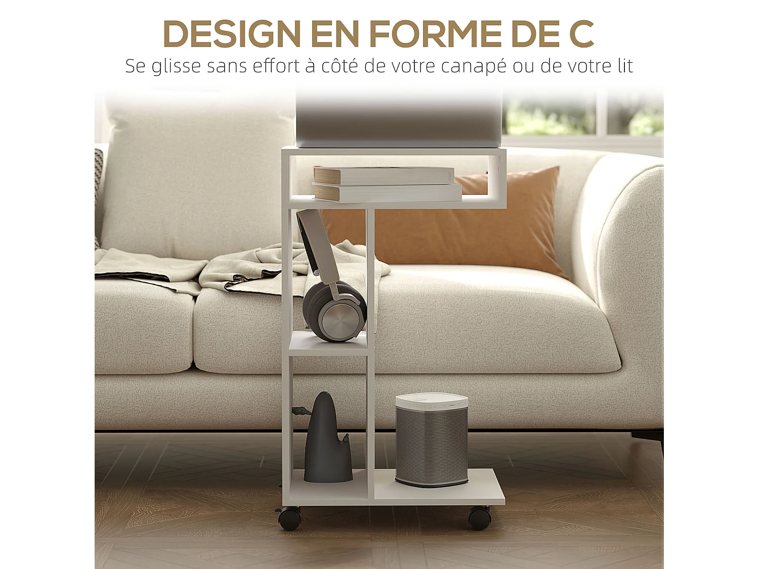 Table de lit mobile - table pour ordinateur portable - 3 niches, étagère - blanc